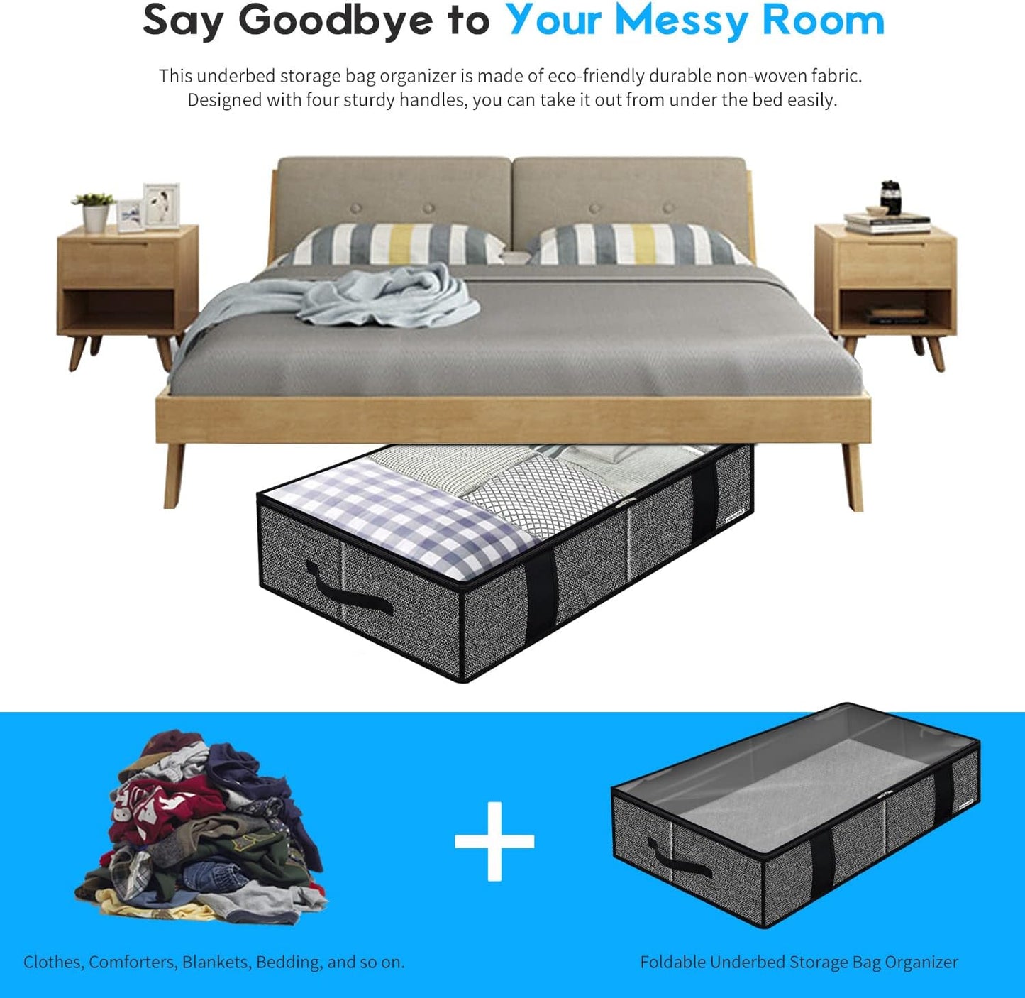 Onlyeasy Underbed Fabric Storage Bags Organizer with 4 Handles, 2 Zippers and Large Clear Window, for Clothes, Blankets, Bedding, Foldable with Sturdy Structure, 2 Pack, Linen-like Black, MXAUBBSS2P