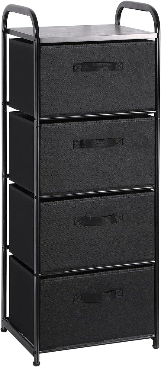 MAX Houser 4 Drawer Fabric Dresser Tall Storage Tower, Dresser Chest with Wood Top, Vertical Nightstand Side Organizer Unit with Metal Frame for Closets Bedroom Nursery Room Hallway(Black)