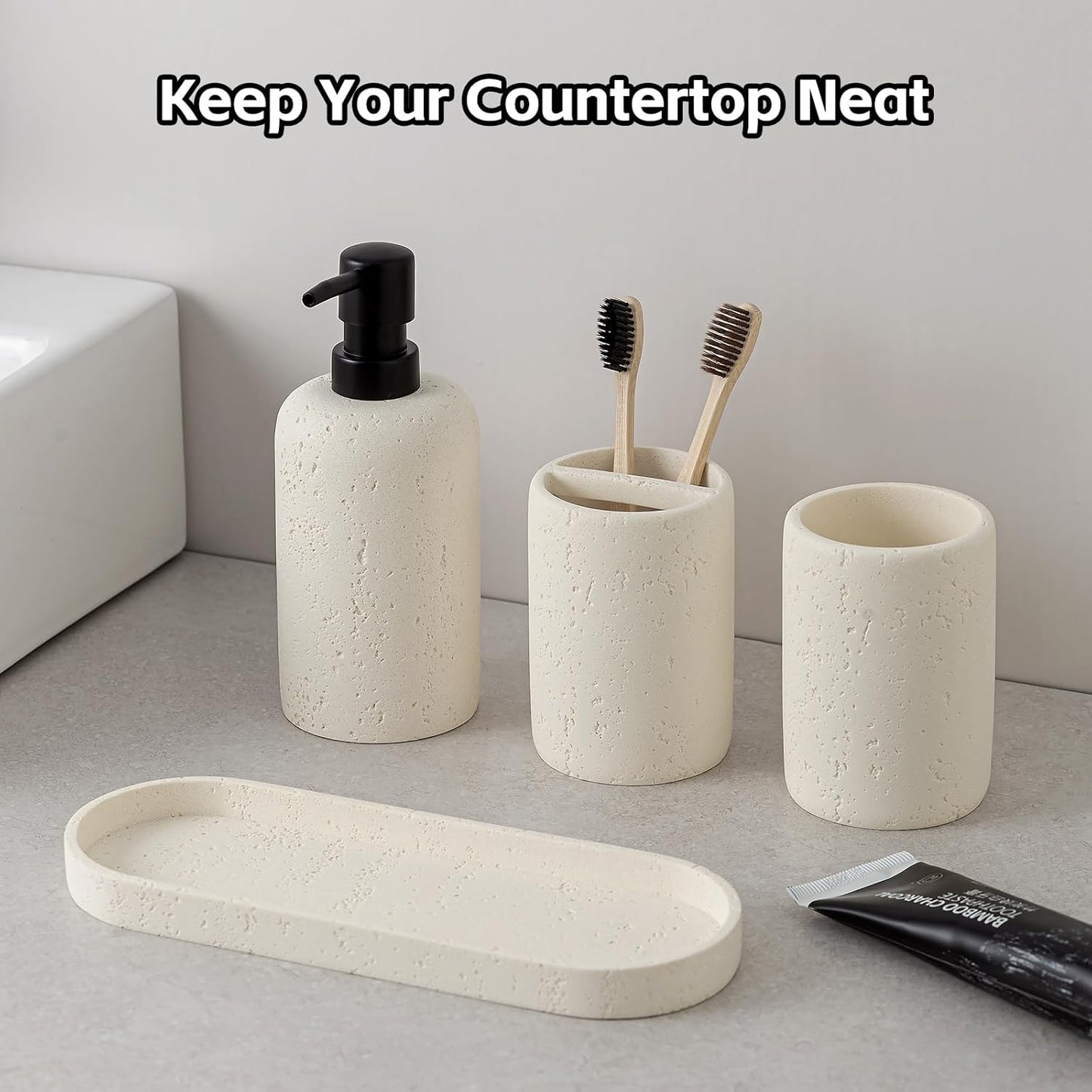 Bathroom Accessories Set, 4 Piece Travertine Stone Look Collection, Modern Bath Organizer with Soap Dispenser, Toothbrush Holder, Tumbler, Vanity Tray for Countertop Kitchen Sink (Off White)