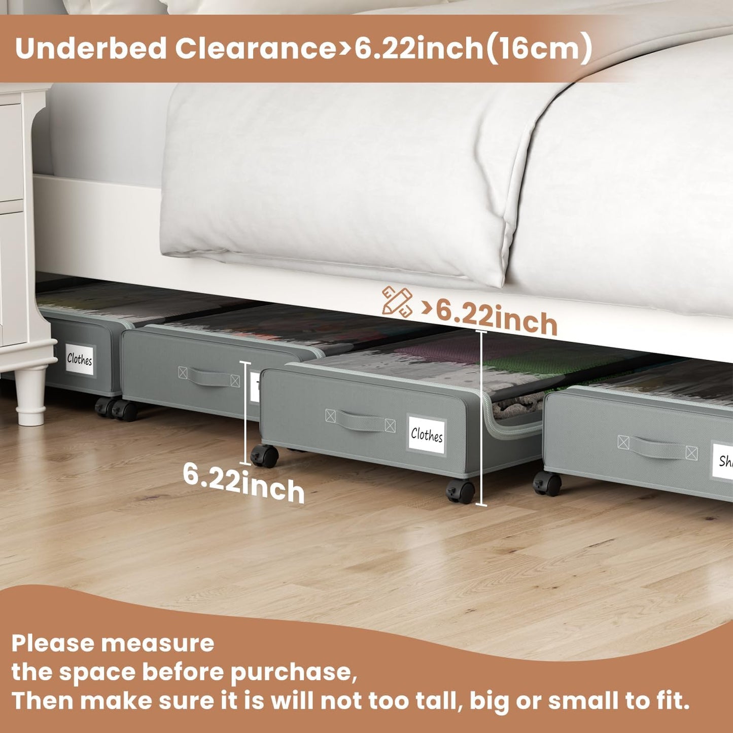 Under Bed Storage Containers with Clear Lid, Large Under Bed Storage with Wheels,6.22"H Under Bed Containers Rolling Under Bed Cart, Fabric & Metal Frame Under Bed Drawer for Clothes;Grey, 2 Pack