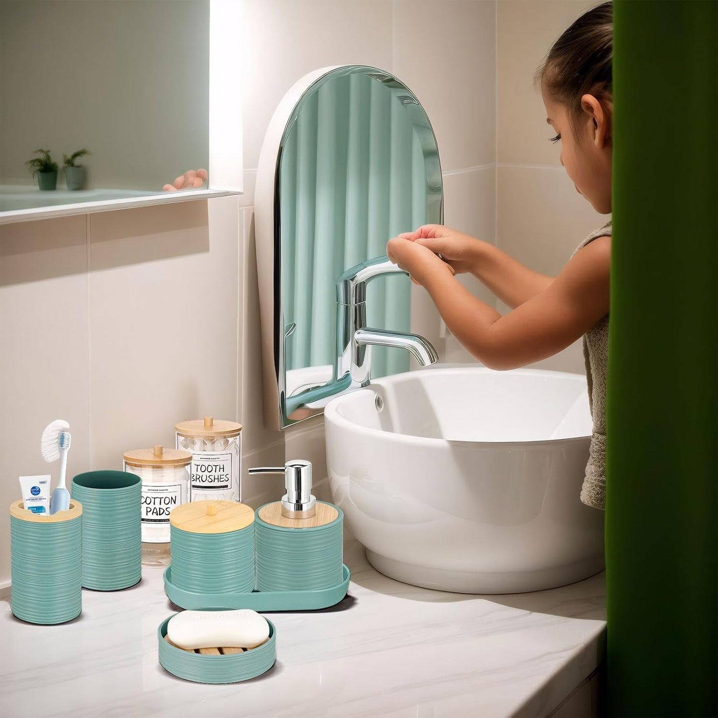 IMAVO Bathroom Accessory Set-11Pcs Blue Bathroom Accessories Set with Trash Can,Soap Dispenser,Soap Dish,Toothbrush Holder,Toothbrush Cup,Toilet Brush Holder,Qtip Holder Dispenser with Labels