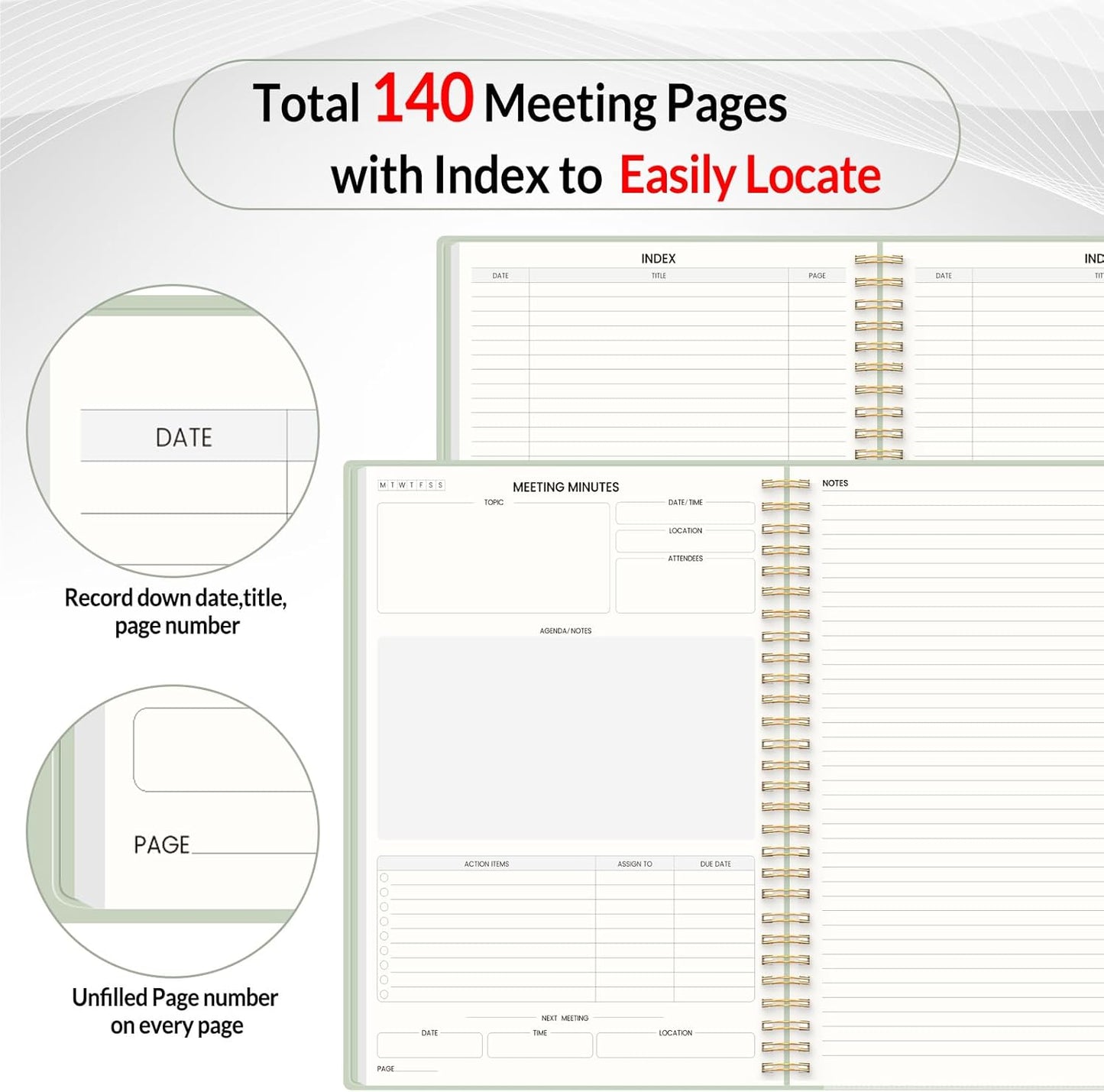 SUNEE Half Meeting Half Note 7"x10" Notebook for Work – 140 Pages, B5 Size Project Planner for Women&Men, Minutes Organizer for Meeting Notes, Ideas for Office/Business, PVC Waterproof Cover, Green