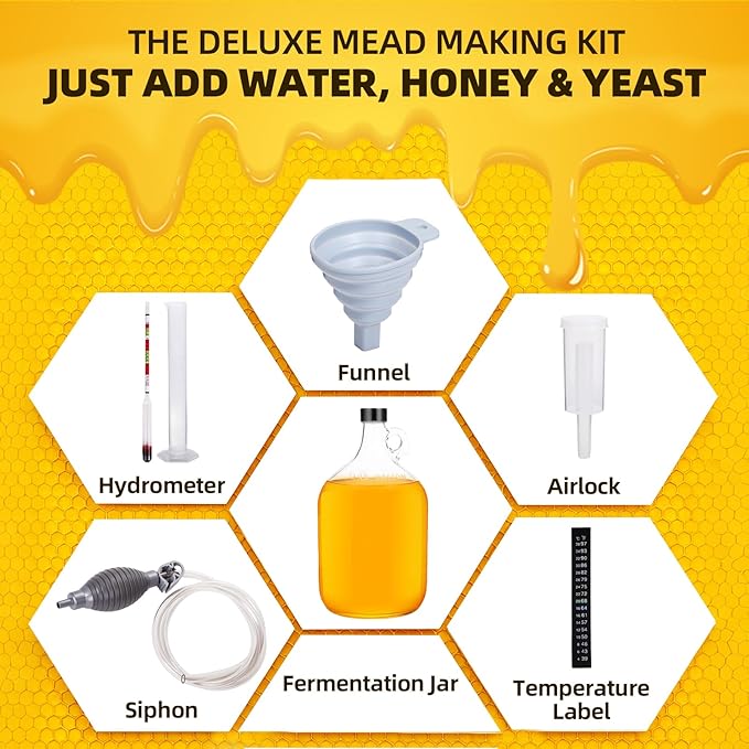 Mead Making Kit for Beginners 1 Gallon Home Brewing Kit with Glass Fermentation Jar Siphon Airlock Stopper Temperature Labe Funnel Hydrometer Reusable DIY Honey Wine Starter Set