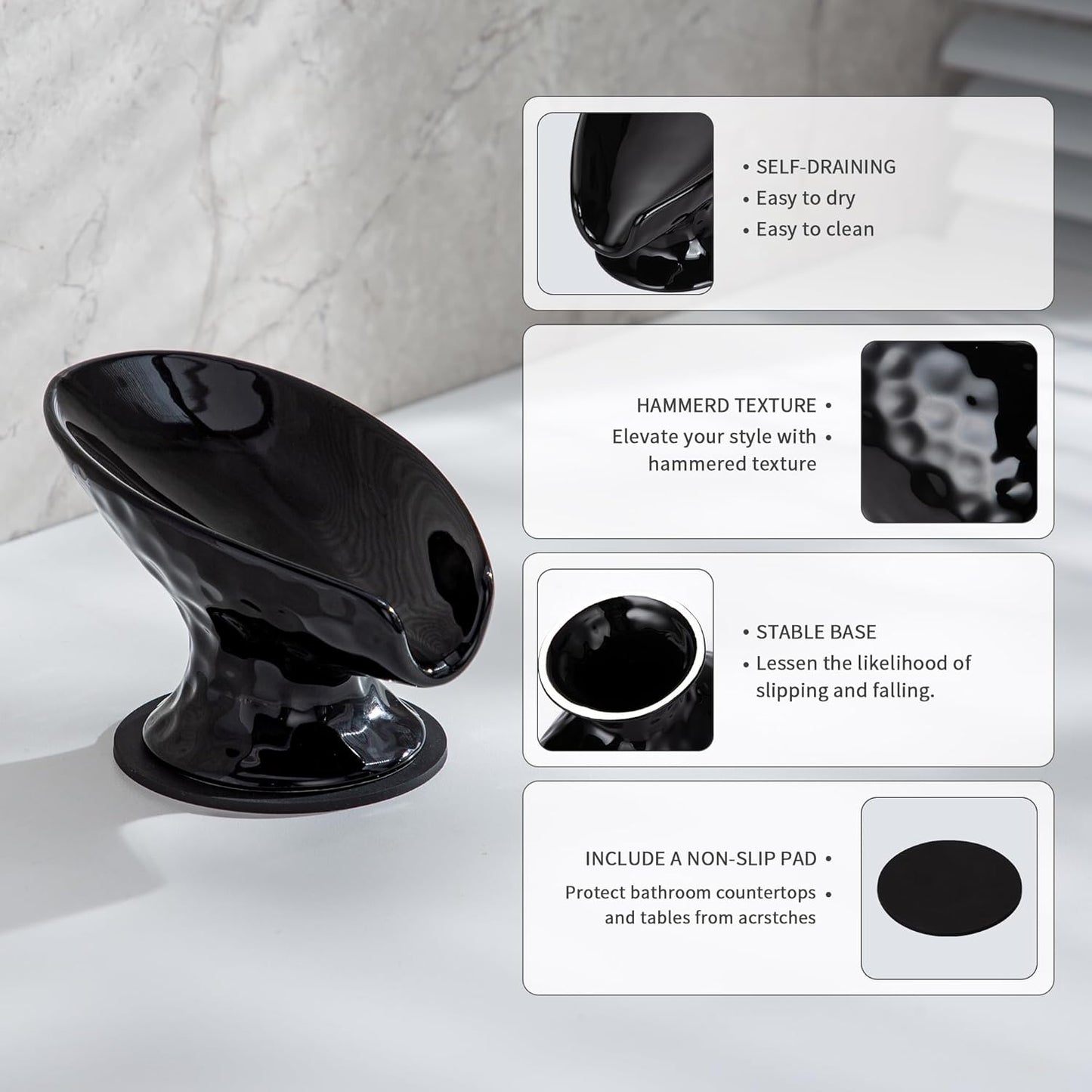 Self Draining Soap Dish, Bar Soap Holder for Shower,Black Ceramic Soap Dishes for Bathroom Kitchen Shower Keeps Soap Dry, Easy to Clean(Gloss Black)