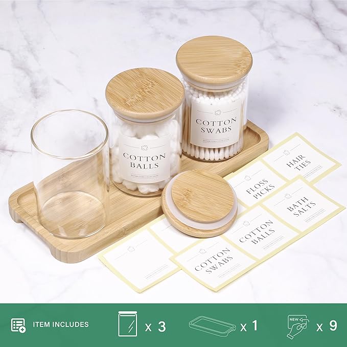 Qtip Holder with Vanity Tray - 3 Pack Glass Apothecary Jars with Lids, Cotton Ball Swab Pad Floss Pick Holder, Bathroom Organizers Jars Containers Canisters Accessories Set