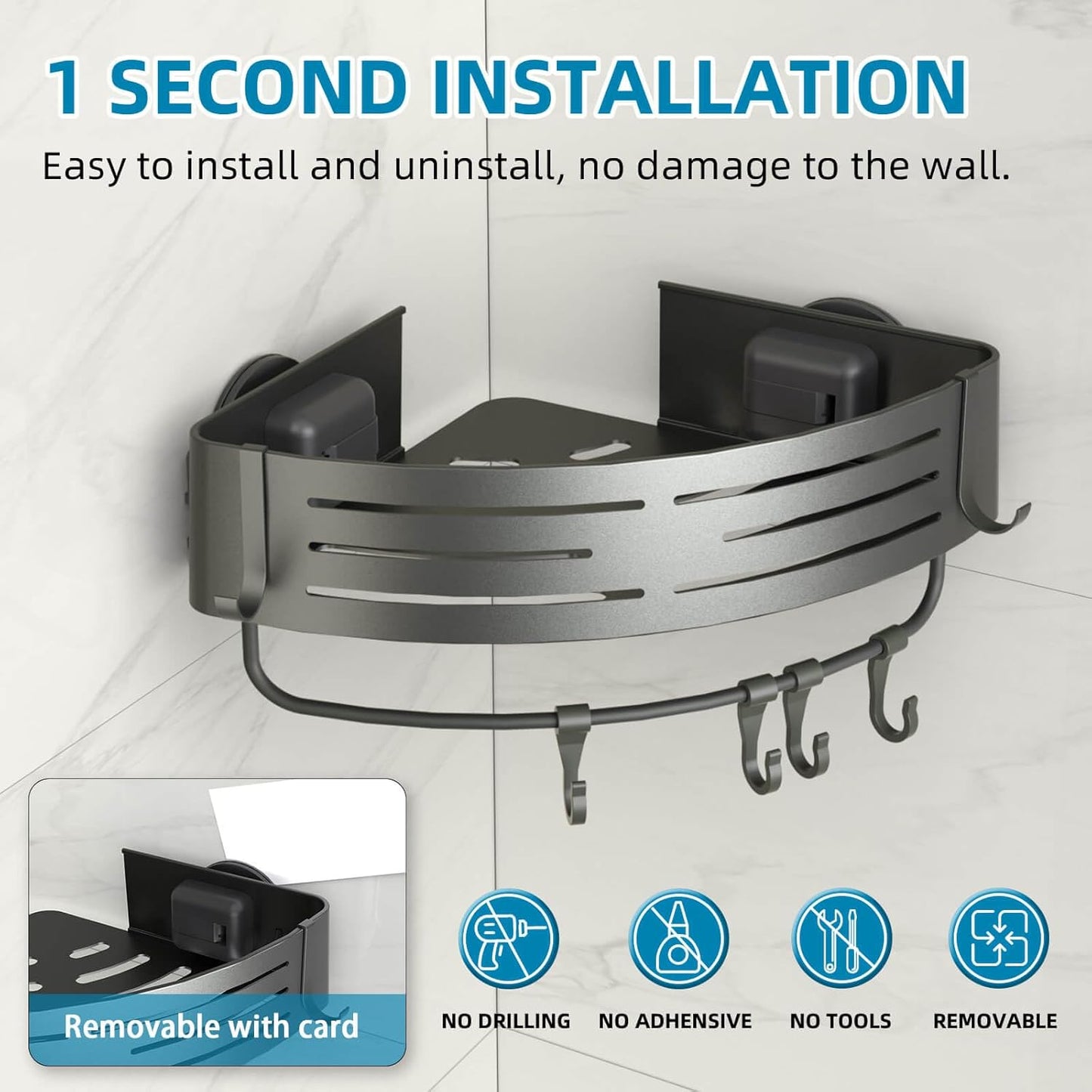 Onemake Corner Shower Caddy with Suction Cups, 2-Pack Removable Aluminum Wall Mounted Organizer Shelves Storage Rack with Towel Bar Portable Hook for Bathroom, Grey