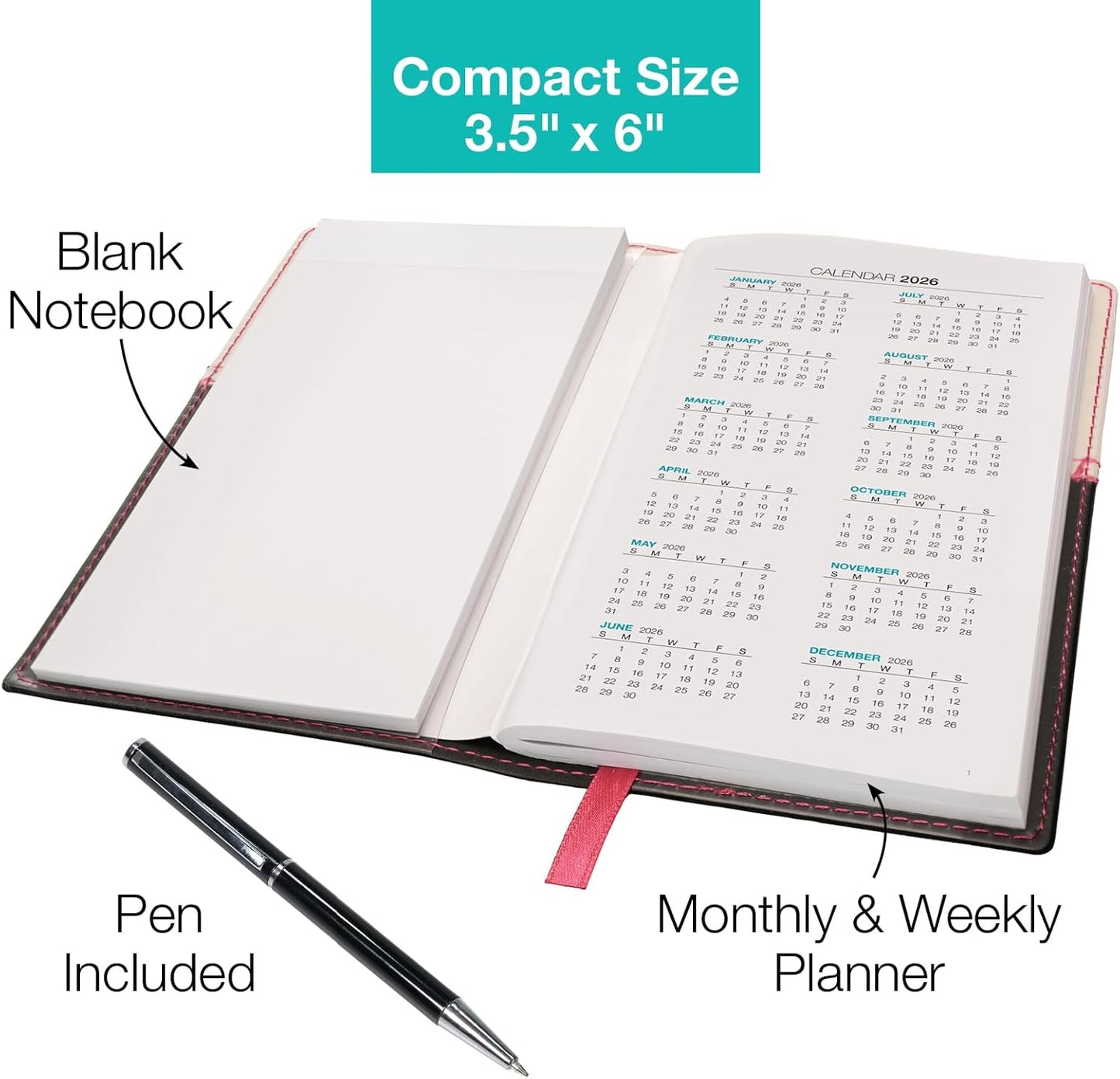 2026 Pocket Planner/Pocket Calendar and Pen, 3.5"x6": Includes 14 Months (November 2025 - December 2026) / 2026 Weekly Planner/Weekly Agenda/Monthly Calendar Organizer (Pink/Black)