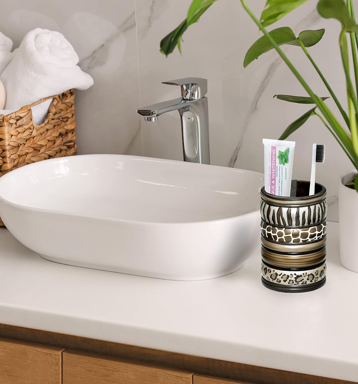 Zahari Home 4pc Safari Stripes Stylish Bathroom Accessories Set Hand Soap Dispenser, Tumbler, Tooth Brush Holder and Soap Dish Modern Classic Luxury Contemporary Decor Unique Design Stylish Bath Set