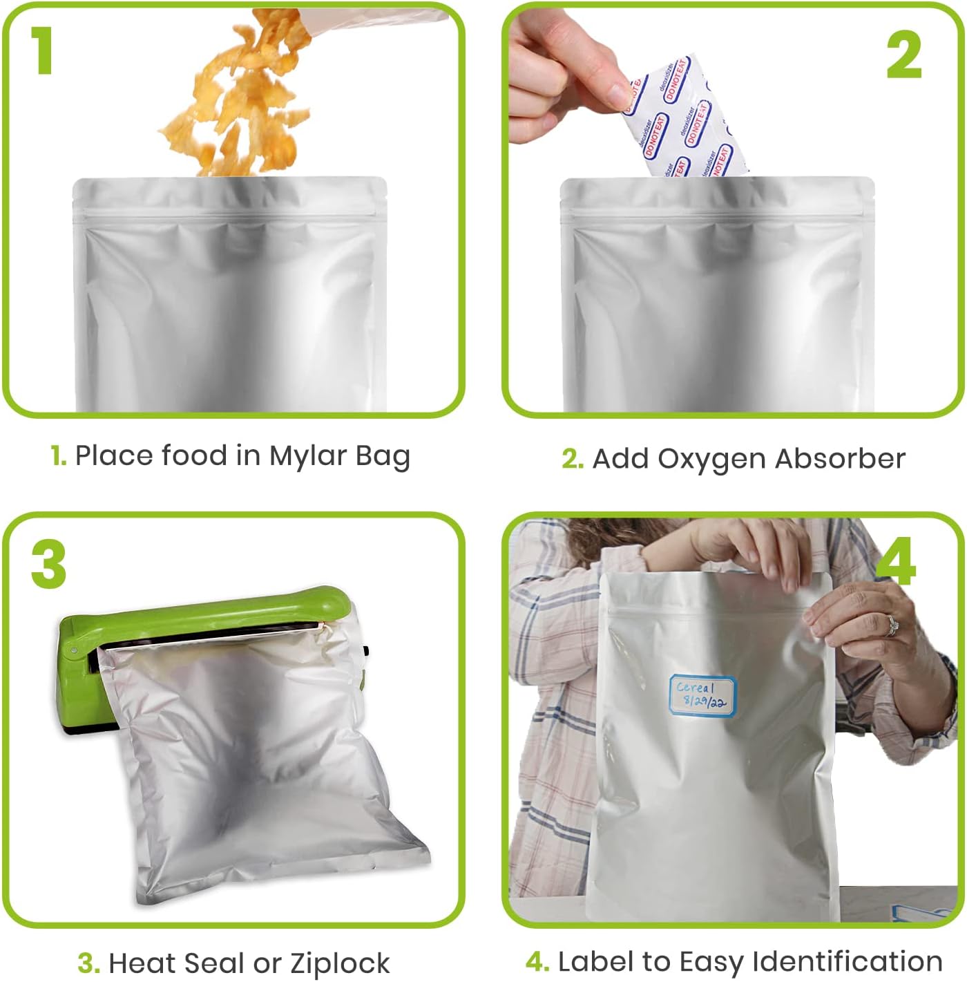 10pcs 5 Gallon Mylar Bags for Food Storage - 10 Mil Thick - Extra large bags 5 Gallon with Oxygen Absorbers 2500cc - Zipper Resealable Milar Bags - Bolsas Mylar 5 Galones