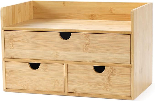 Wisuce Bamboo Desk Organizer, Mini Desktop Drawer Tabletop Storage Organization Box for Office Home Toiletries Supplies Vanity, No Assembly Required (3 Drawer with Shelf)