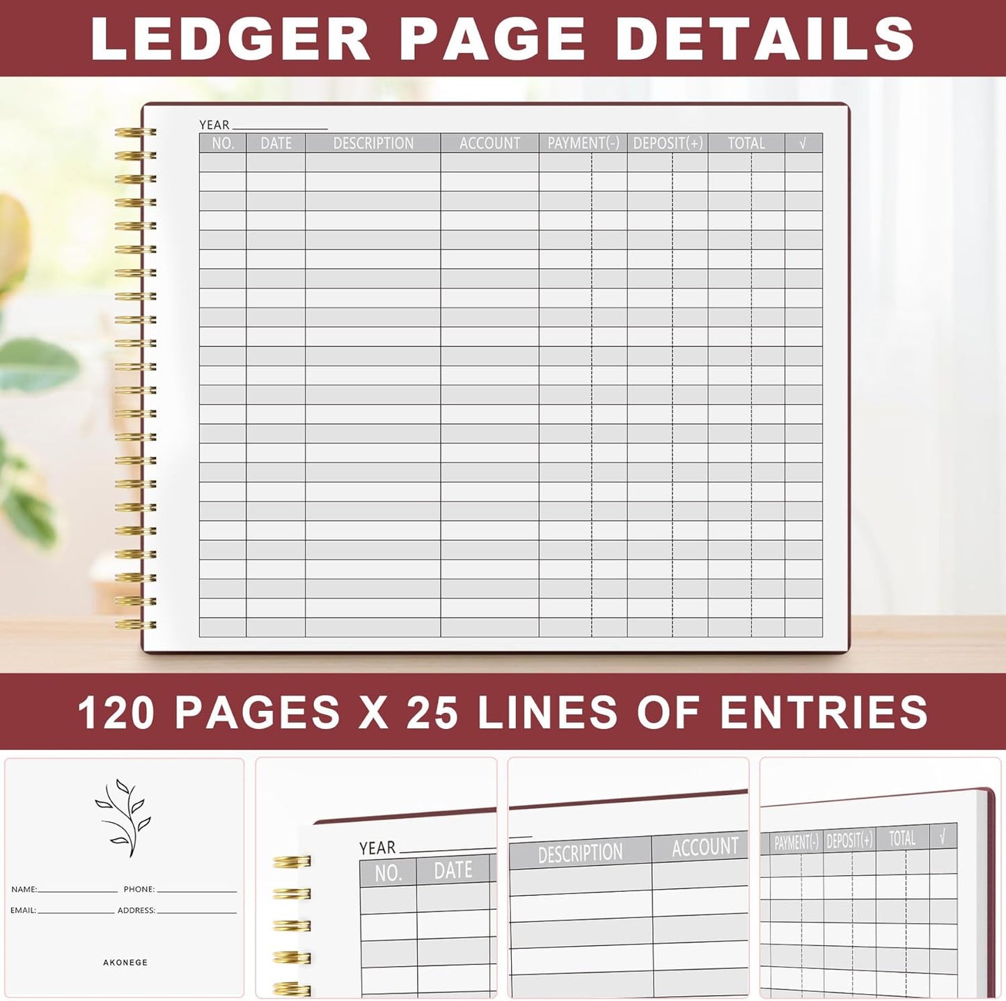 Accounting Ledger Book for Small Business Bookkeeping & Personal Use, Horizontal Expense Tracker Notebook for Family Budget, Bookkeeping Record Book Money Expense Income Log Journal, Wine Red