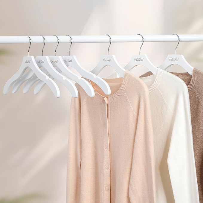 TOPIA HANGER Wooden Coat Hangers 12 Pack, Premium Wood Suit Sweater No Shoulder Bump Hangers, 360° Swivel Hook and Cut Notches Clothes Hangers for Sweater, Coat, Shirts, Hoodies, Dress, White CT84W