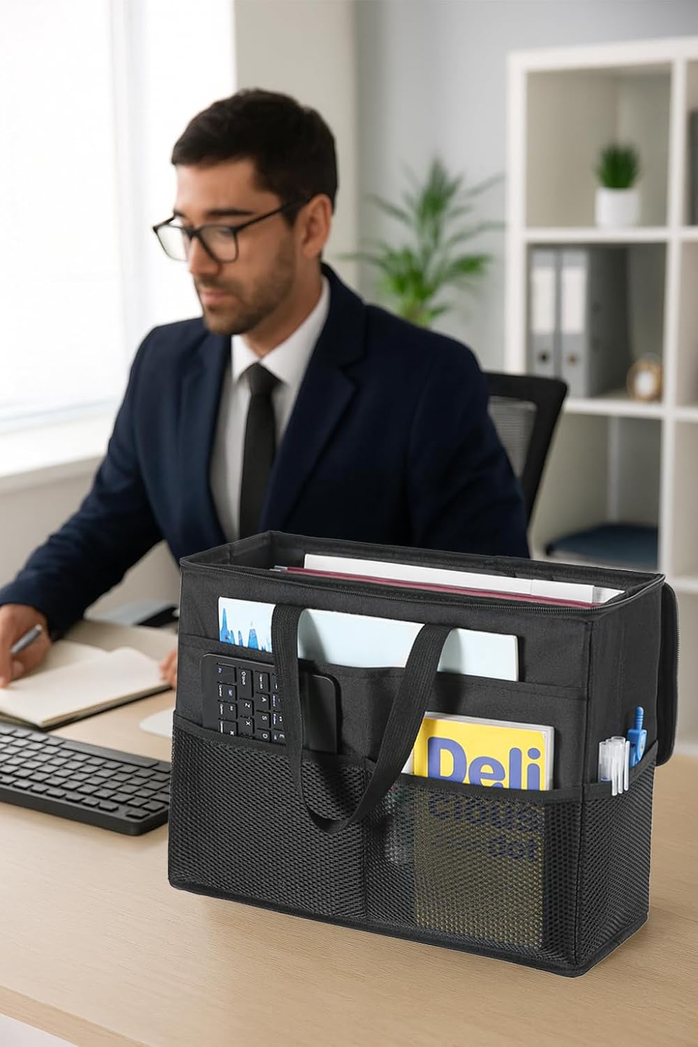 Qozary 2 Pack File Folder Organizer Box-Hanging File Tote Bag With Lids, Collapsible Portable Filing Organizer Box With Handle, Document Storage Bag For Office,Home,Travel, School