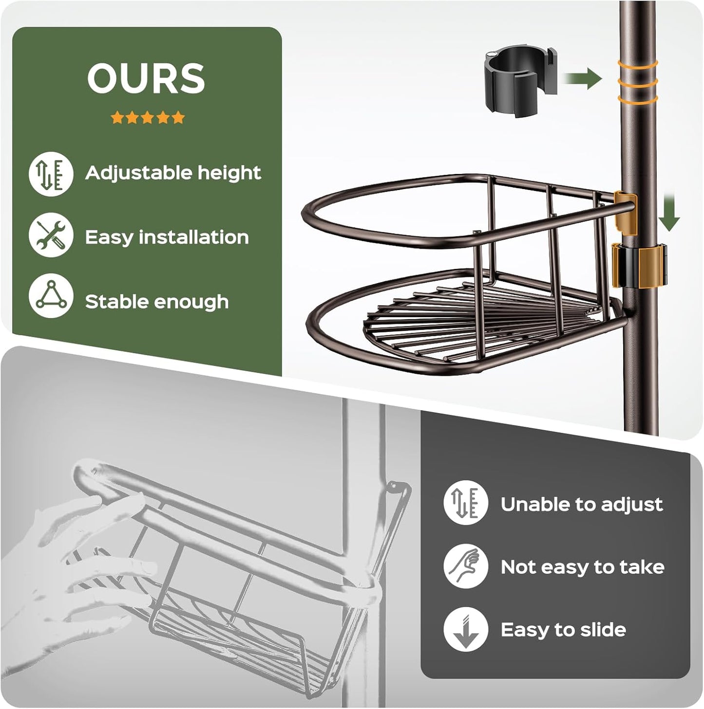 HAMITOR Corner Shower Caddy Tension Pole: 4-Tier Rust-Resistant Adjustable Bathroom Organizer Shelves - 47-121 Inch No-Drill Quick Installation - Space-Saving Storage for Renters Families - Bronze