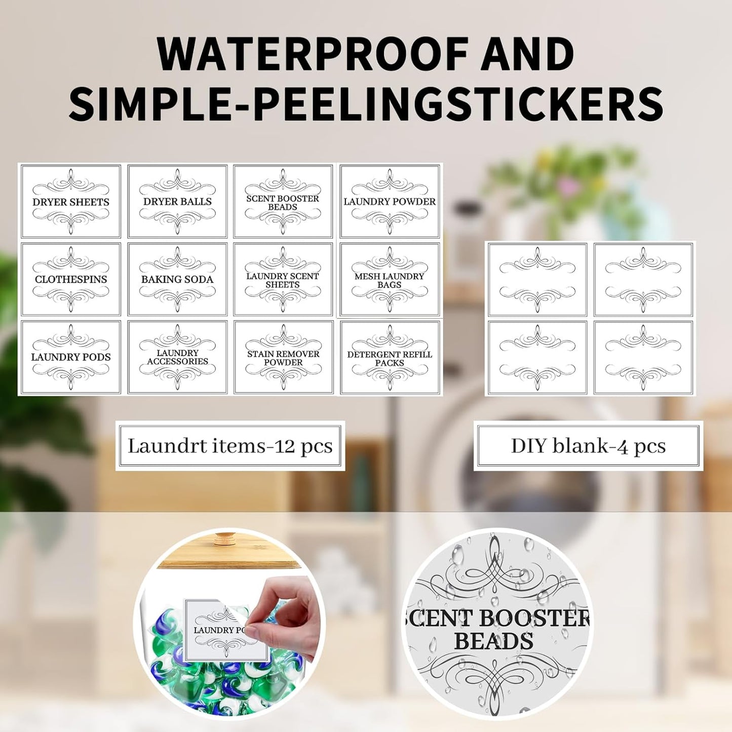 4PCS Laundry Pods Container, Clear Laundry Room Organization and Storage with Bamboo Lids, 3 Premium Scoops & Labels – Ideal for Scent Booster Beads, Dryer Balls, Sheets & Powder