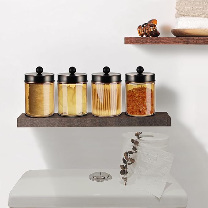 Amolliar Bronze Glass Apothecary Jar With Metal Lid & Stickers, Bathroom Qtip Dispenser Storage Canister, Perfect for Cotton Balls, Cotton Swabs, Makeup Pads, Bath Salt, Floss 1 Pack(ORB)