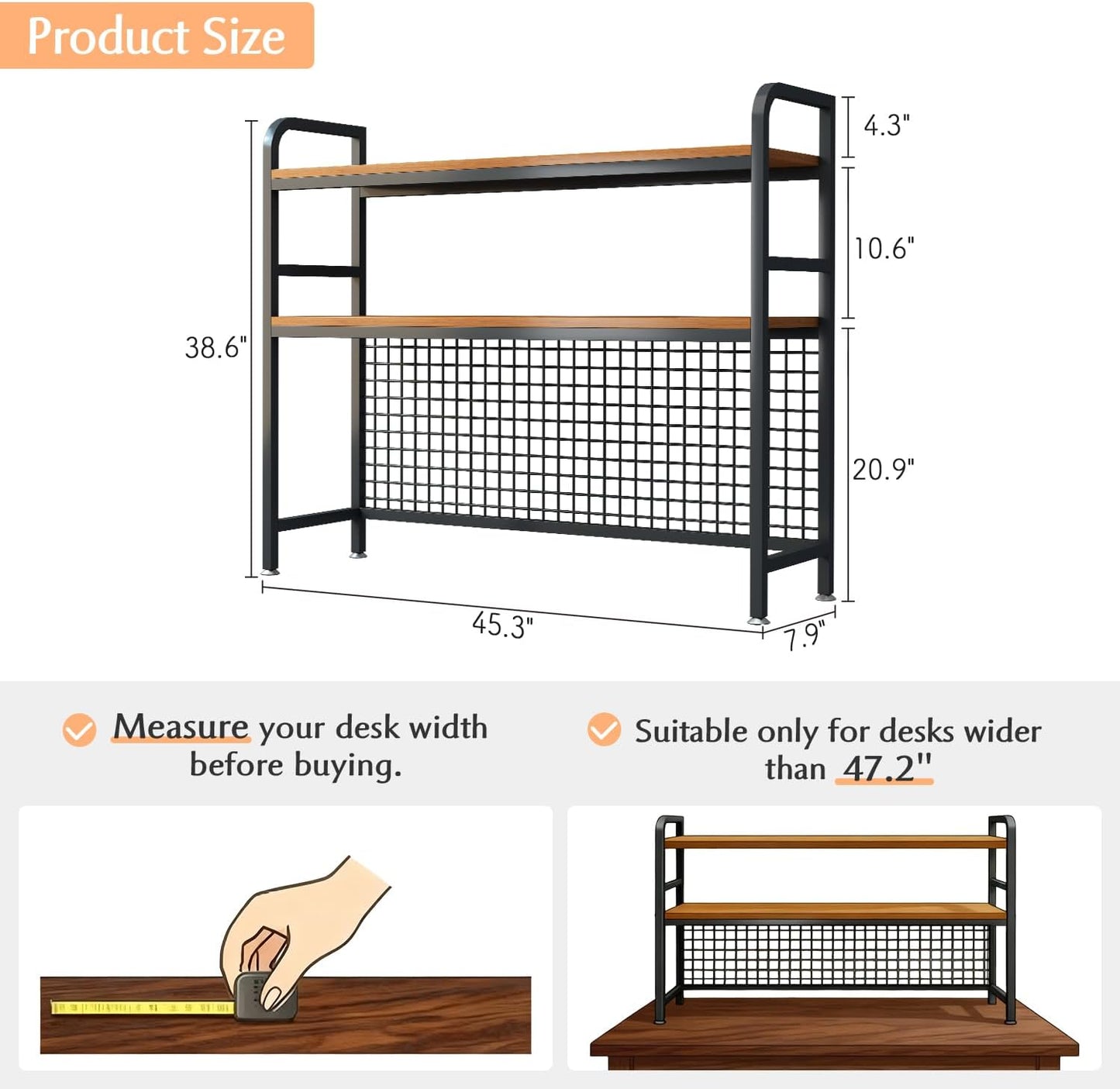 IOTXY 2-Tier Desktop Hutch Bookshelf - Metal Desk Shelf Bookcase with Grid Panel, Countertop Storage Organizer Rack for Dorm or Office, Black, 45.3" W