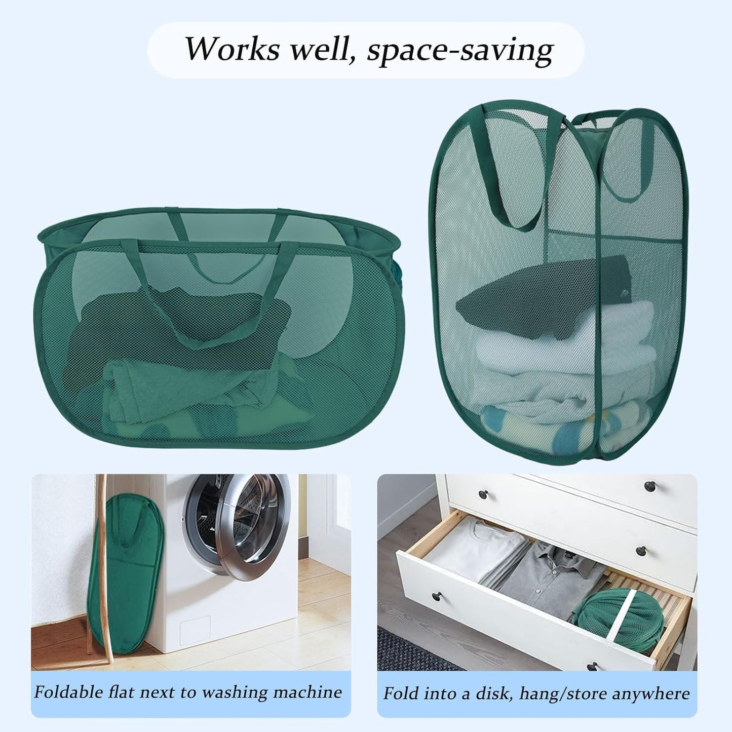 Upgraded Extra Large Mesh Pop Up Laundry Hamper 2 Pack, 100L Foldable Laundry Baskets, Dirty Clothes Hamper with Handles, Collapsible Hampers for Laundry Travel, Dorm or Home. Green