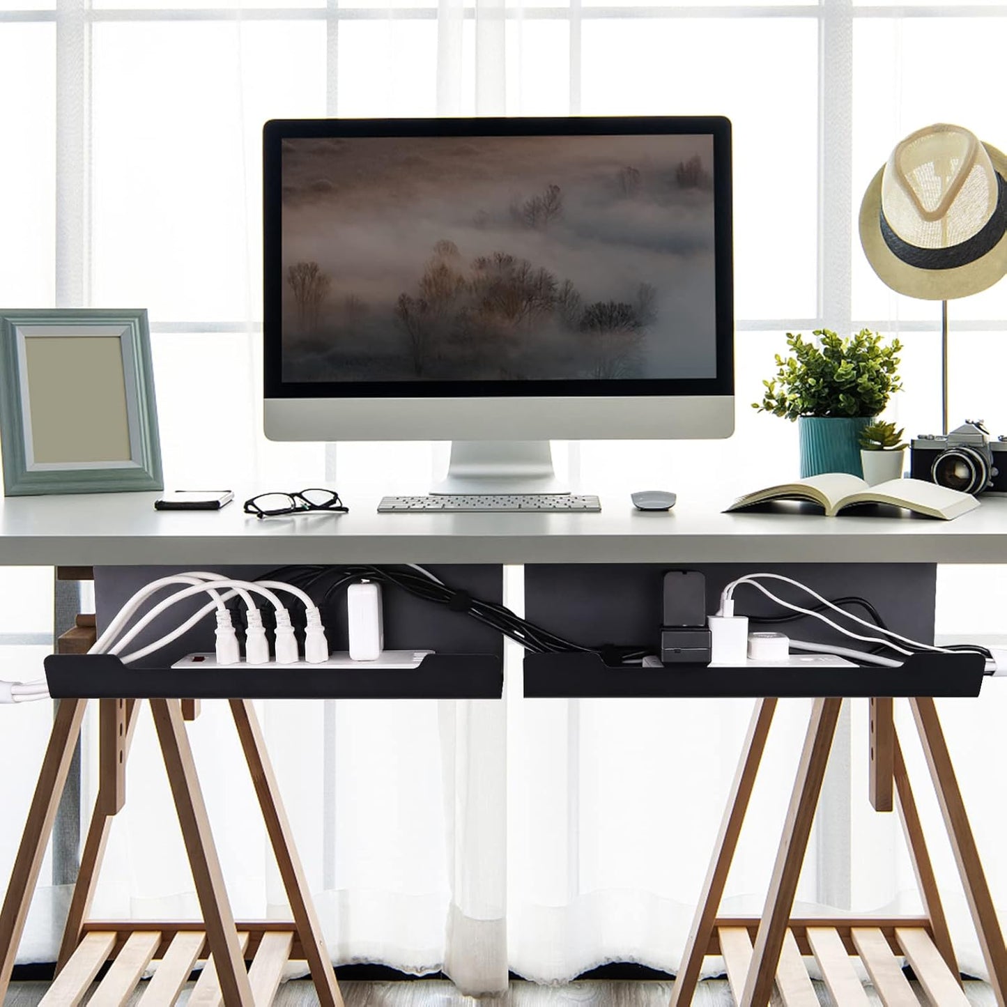 VIDOR Under Desk Cable Management Tray 2-Pack, 17" Cord Organizer, No Drill Alloy Steel, Perfect for Standing Desk and Office Home Wire Management