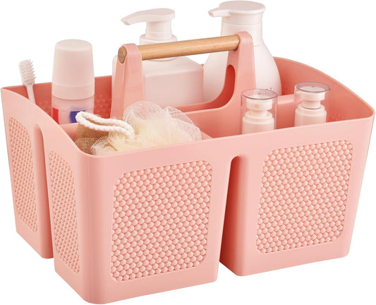 Haundry Plastic Pink Shower Caddy Basket with 3 Compartments, Portable Divided Bathroom Cleaning Caddy Organizer Storage Tote with Handle for Dorm, College, Room Essentials