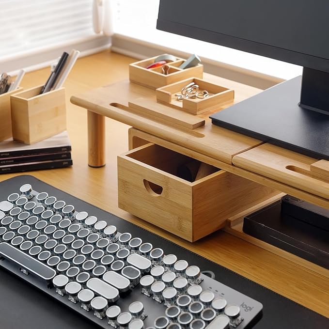 Dual Monitor Stand Riser with Drawer for Desk Laptop Desk Shelf with Adjustable Length and Angle, Bamboo Computer Stand Riser for 2 or 3 Monitors Screen Laptop PC TV -Natural