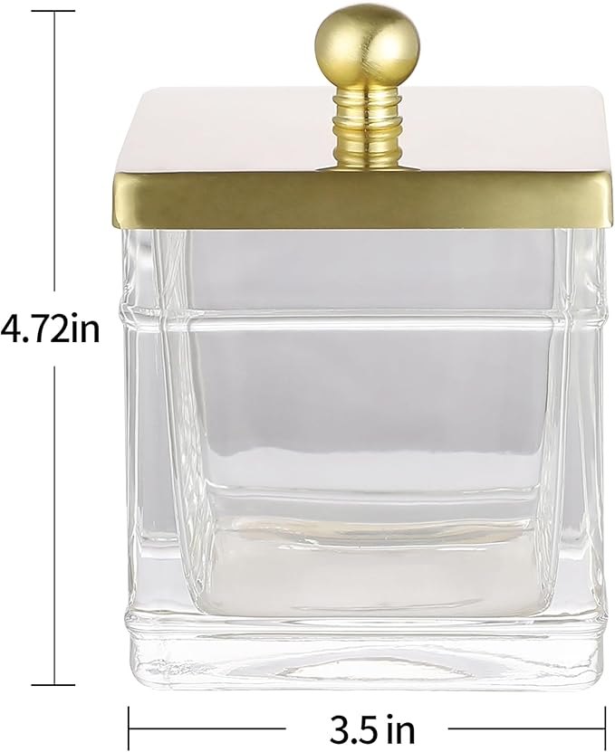 Glass Cotton Jar Holder 2 Pack– Brushed Gold Lid, Elegant Bathroom Storage Canister for Qtips, Cotton Balls, Floss, Makeup Organizer, Vanity & Bathroom Organization