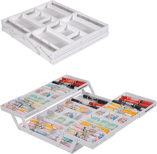 Aobiono Multi Level Smart Drawer Organizer, Multi Tier Expandable Storage Collapsible Foldable Trays for Jewelry, Cosmetics, Makeup, Tools, Battery (White, Double Row - 2 Levels)