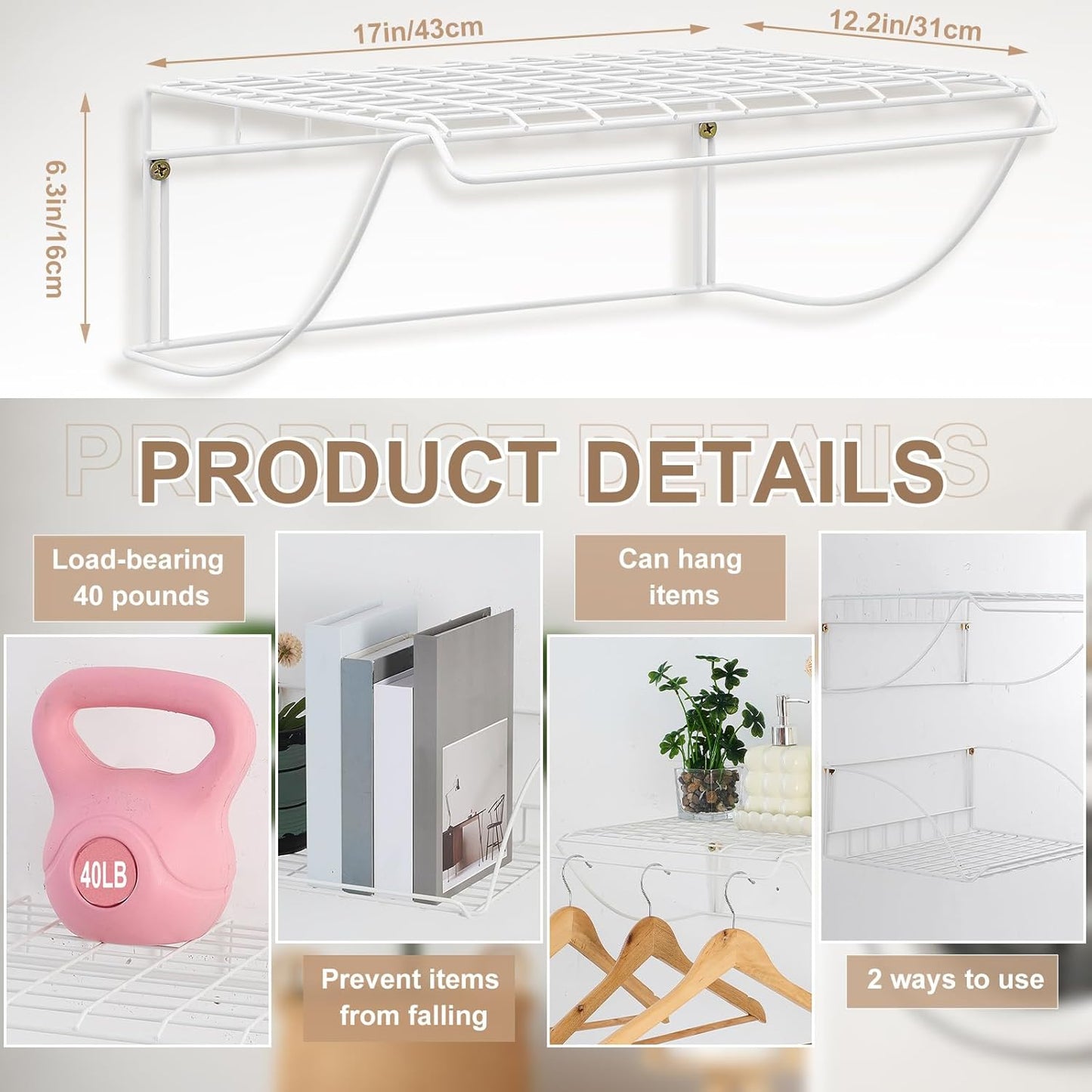 Geelin 2pcs 17in Wide Laundry Room Shelves Laundry Utility Hanger Shelves Wire Rack Shelving Closet Shelf with Two Different Ways to Hung Wall Mounted for Pantry Room Closet Storage Basement