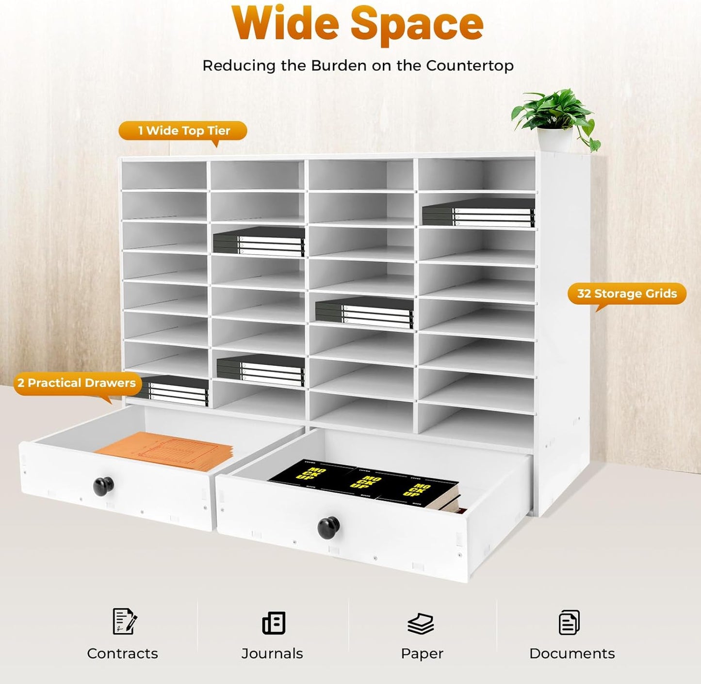 Literature Organizers, Mail Sorter Organizer Adjustable Shelves and 2 Drawers Desktop File Sorter Paper Organizer for Home School Office (White, 32 Slots with 2 Drawers)