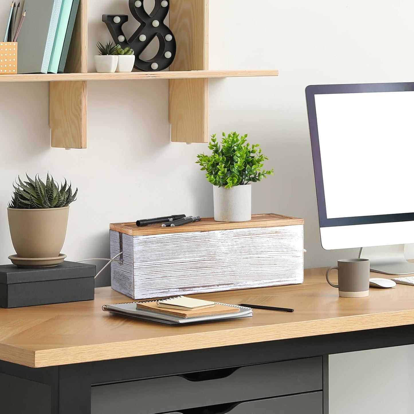 Large Cable Management Box, White Washed Wood Cord Organizer Box for Desk, Floor, Office to Hide Extension Cords Power Stripes Surge Protectors Chargers Wires