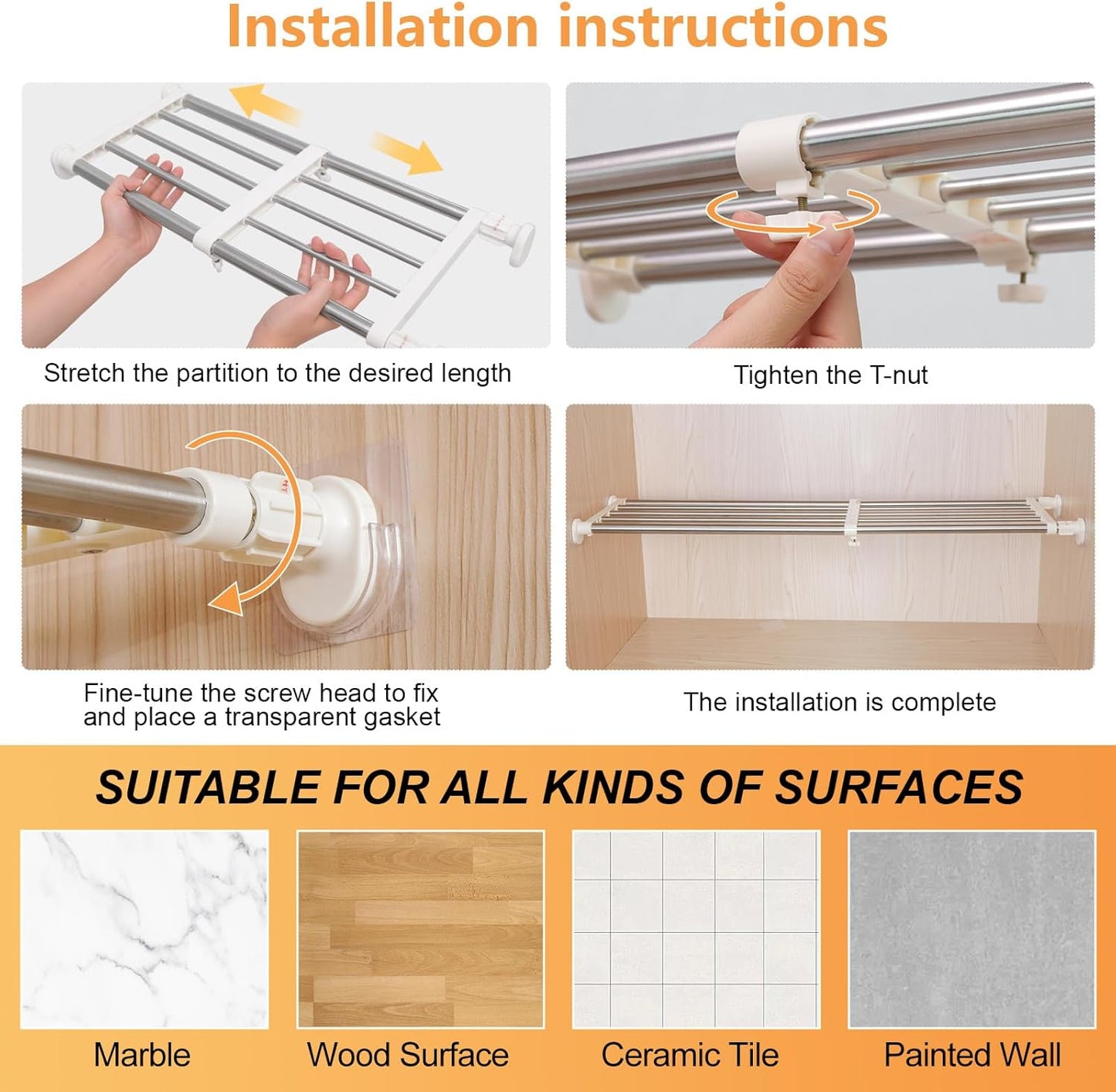 BAOYOUNI Tension Closet Shelf, Adjustable Storage Rack Separator Wardrobe Cupboard Divider Organizer Rod for Kitchen Bathroom Bedroom, 23.62-39.37 Inch