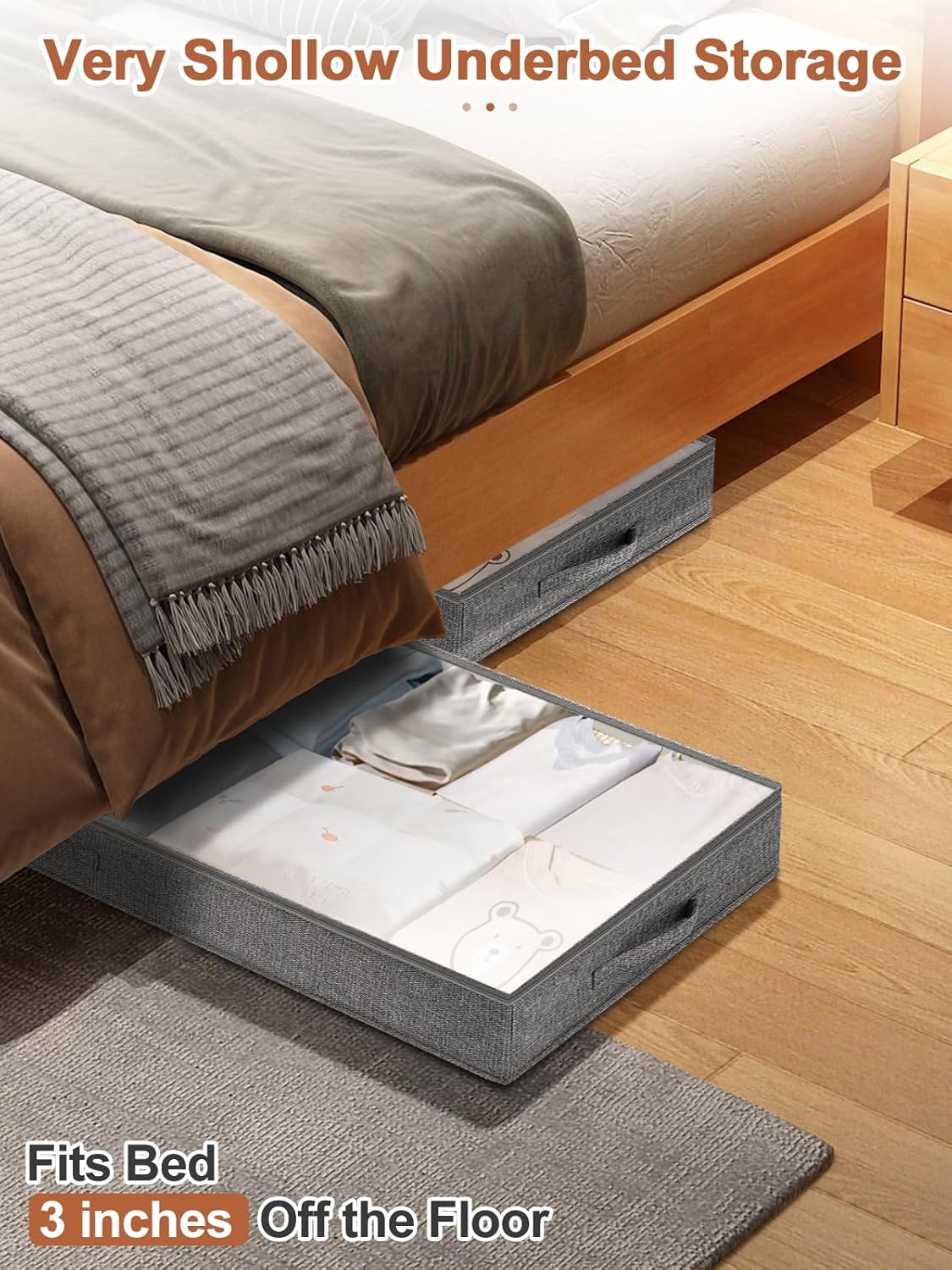 punemi 3-Inch Low Profile Under Bed Storage Containers，No-Structure, Soft Foldable Zippered Underbed Cloth Blanket Storage bins — Fits Under Crib, Couch，Sofa or Dorm bed, 4-Pack, 20x40x3in