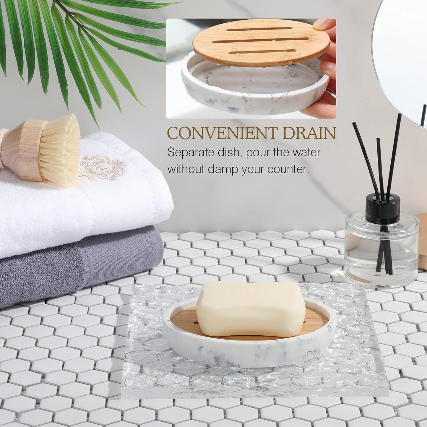 Luxspire Bamboo Soap Dish, Resin Soap Holder with Drainage, Oval Wooden Soap Dish for Shower, Bathroom, Sink, Kitchen and Countertop, Gravel White