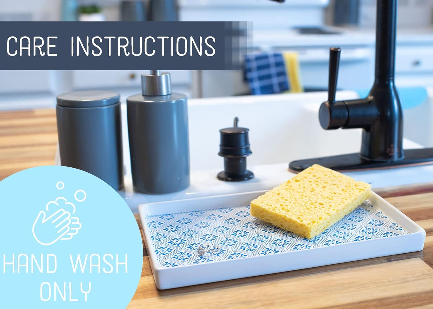 NAT & Jules 10 x 6 Ceramic Stoneware Vanity Tray - Perfect Bathroom or Kitchen Counter Organization Décor: Sponge Holder, Soap Dish, Jewelry and Perfume Tray, Patterned Blue