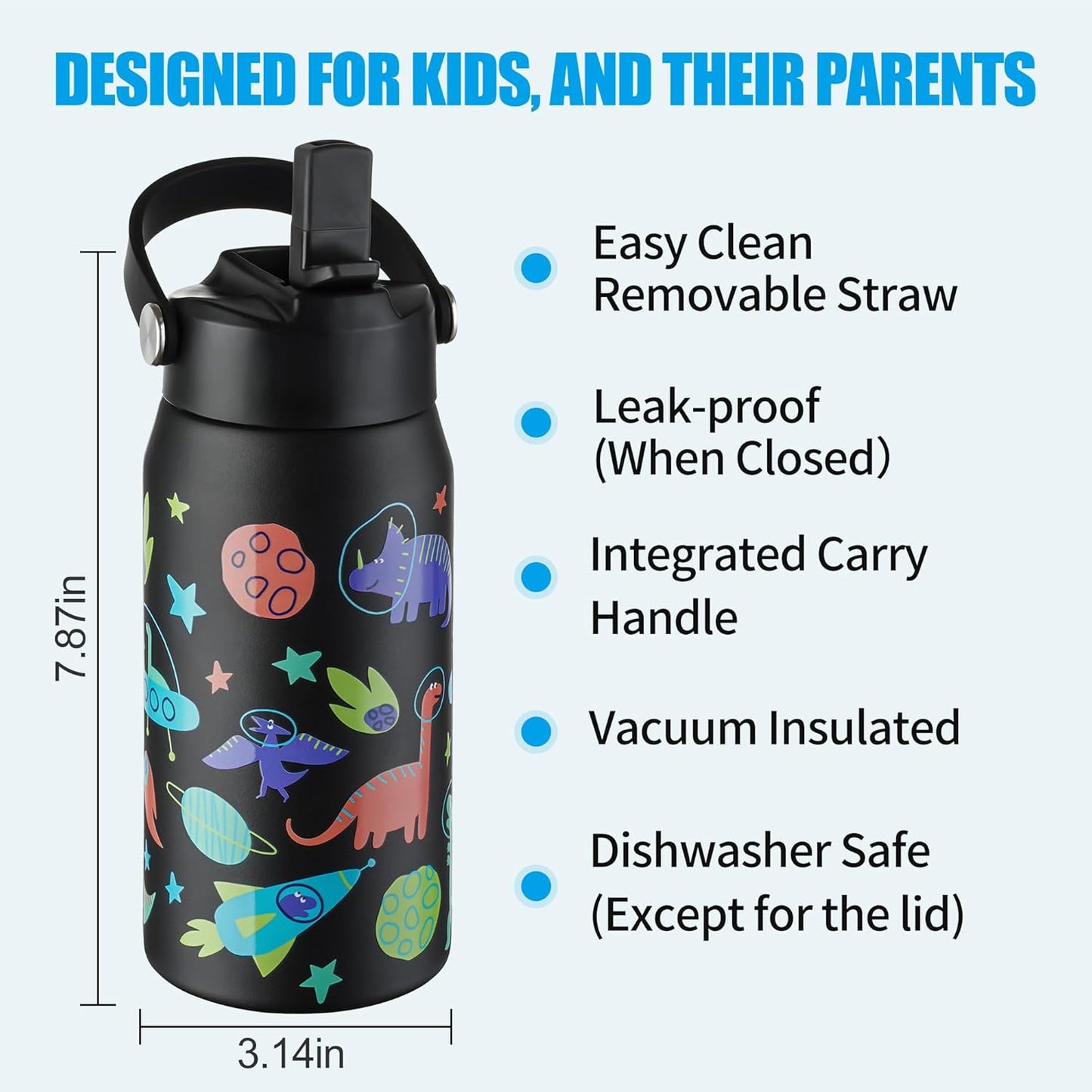 OLDLEY kids Water Bottle - 18oz Insulated Stainless Steel - Wide Straw Lid, Non Spill, Leakproof, Kids Water Bottle for School,Space Dinosaur