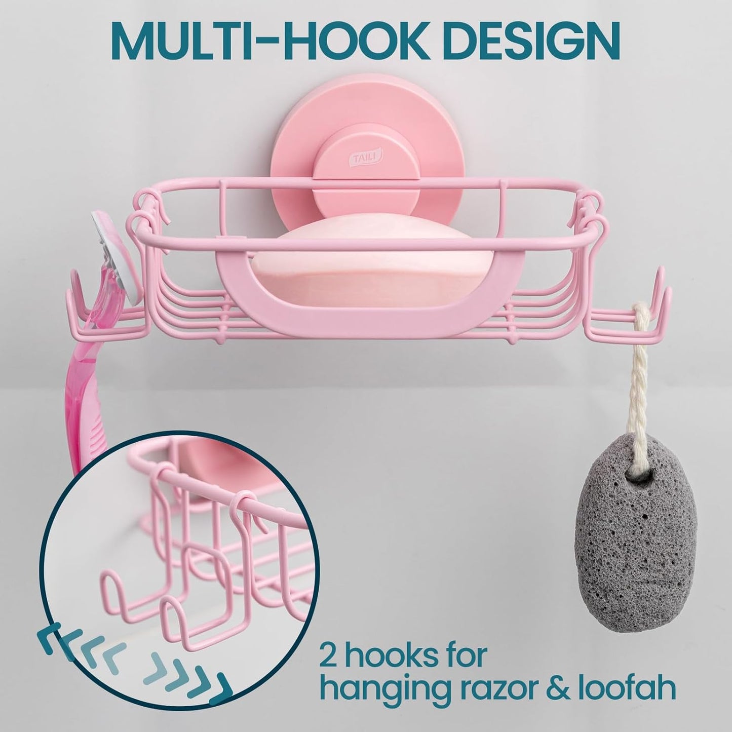 TAILI Soap Bar Holder Dish with Hooks, Shower Soap Tray Saver Suction Cup with Razor Holder for Wall, Rustproof Stainless Steel Bath Shampoo Caddy for Bathroom Accessories Organizer,Pink