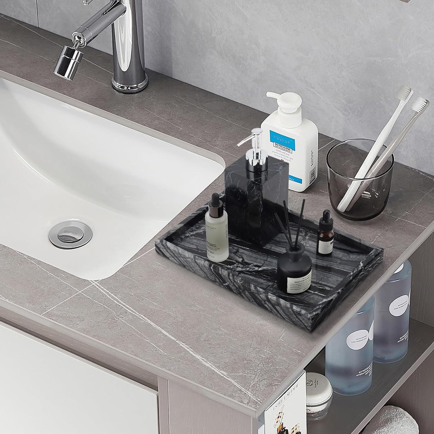 Real Natural Marble Tray for Bathroom, Vanity, Kitchen and Desktop, Rectangle Genuine Marble Stone Tray for Jewelry, Cosmetics, Candles, Lotion, Perfume and Home Decor Wood Grain