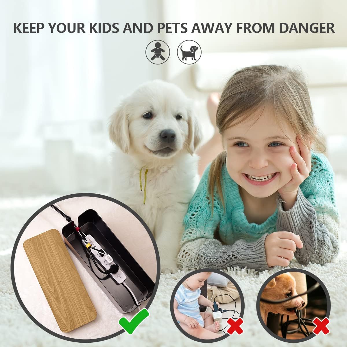 Cable Management Box Large - Wooden Grain Cable Organizer Box to Hide Wires&Power Strips,TV&Desk Computer Wires,with Cable Clips&Reusable Cable Ties for Home&Office(Black)