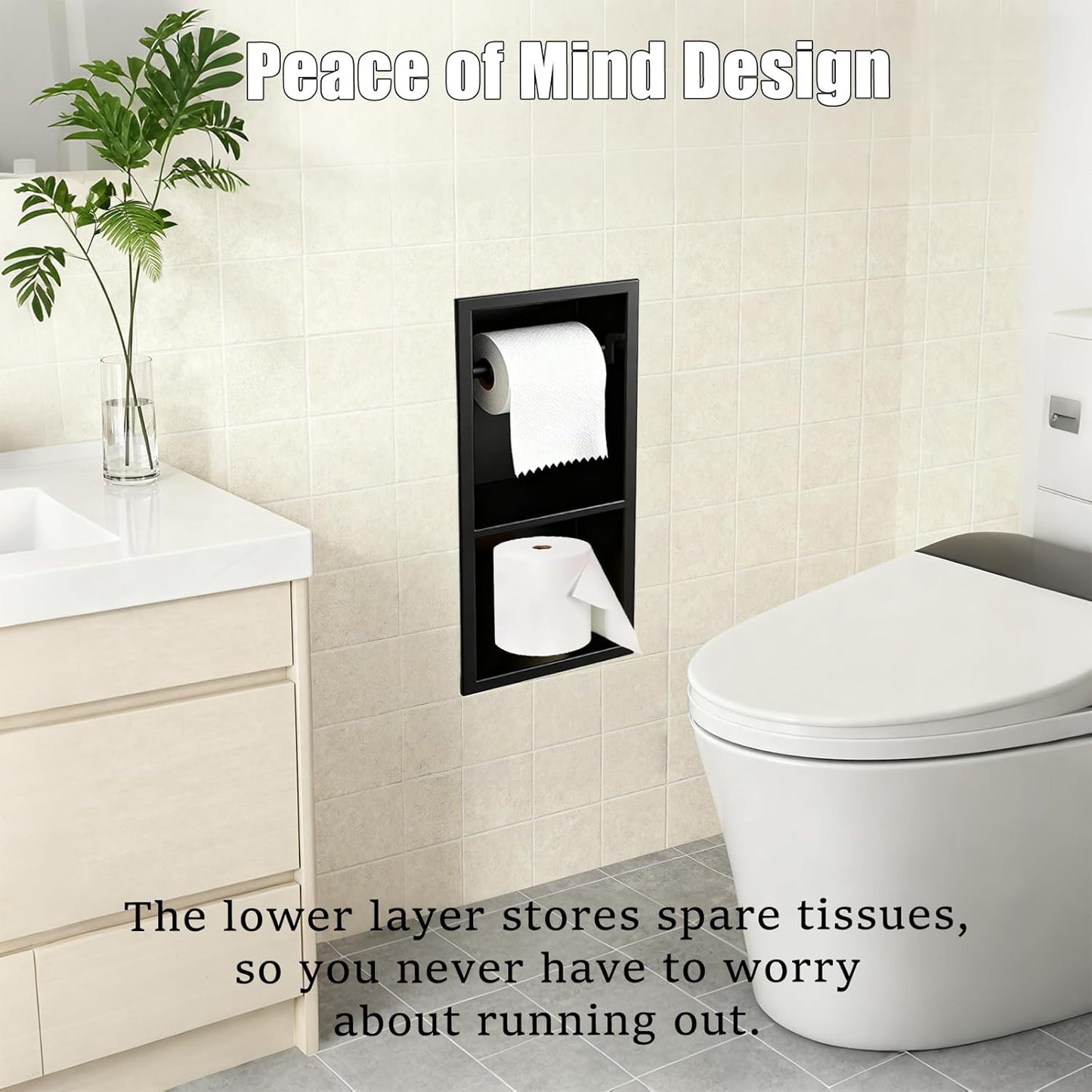 Recessed Toilet Paper Holder, Matte Black Toilet Paper Roll Holder Built-in Bathroom Tissue Roll Holder with Storage, Stainless Steel，Rust-Proof and Space-Saving