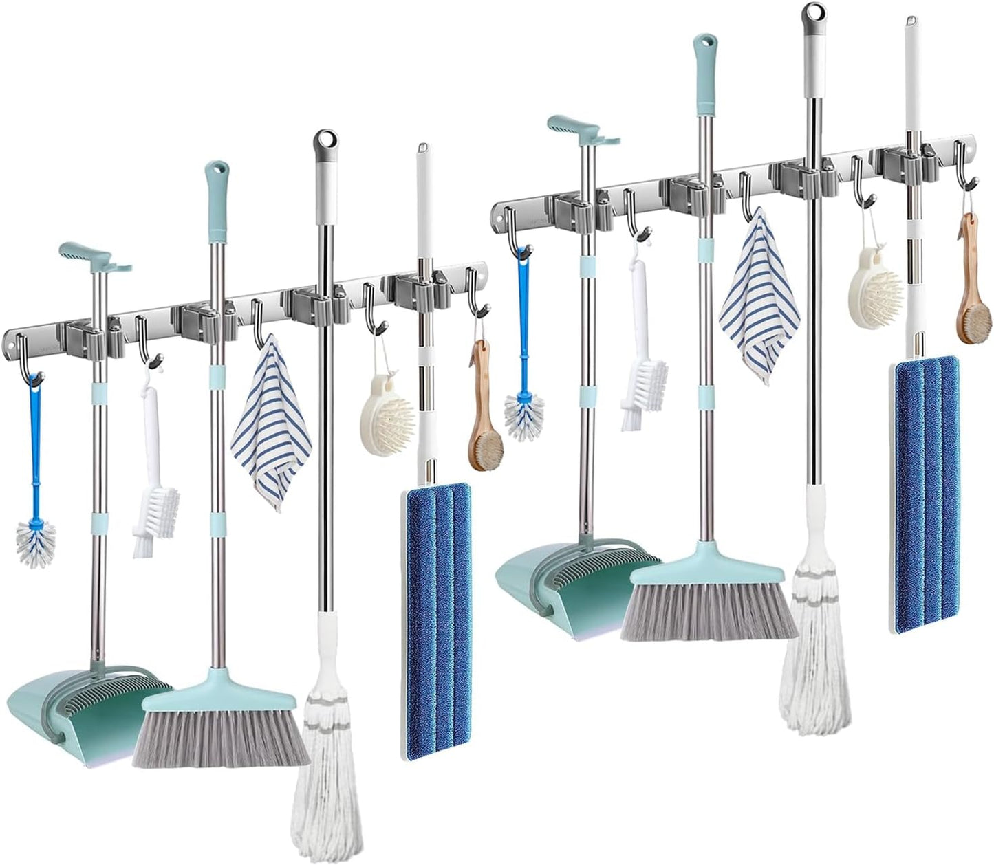 Broom and Mop Holder Wall Mount Organizer Stainless Steel Heavy Duty Hooks Self Adhesive Solid Non-slip for Home Kitchen Garden Laundry Garage(4 Racks with 5 Hooks, Silver)