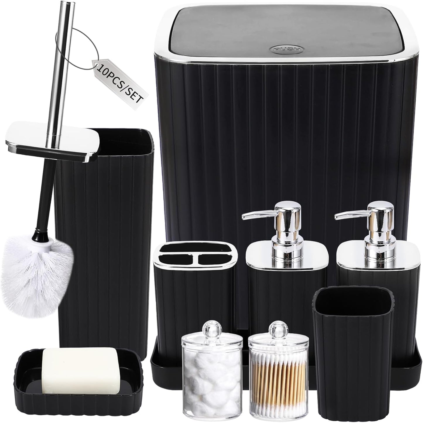 Bathroom Accessories Set - Gorgeous Bathroom Set, 10PC Bathroom Accessory Set, Toilet Brush, Trash Can, Qtip Holder Dispenser & Soap Dispenser