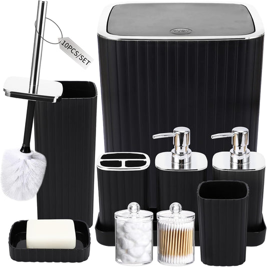 Bathroom Accessories Set - Gorgeous Bathroom Set, 10PC Bathroom Accessory Set, Toilet Brush, Trash Can, Qtip Holder Dispenser & Soap Dispenser
