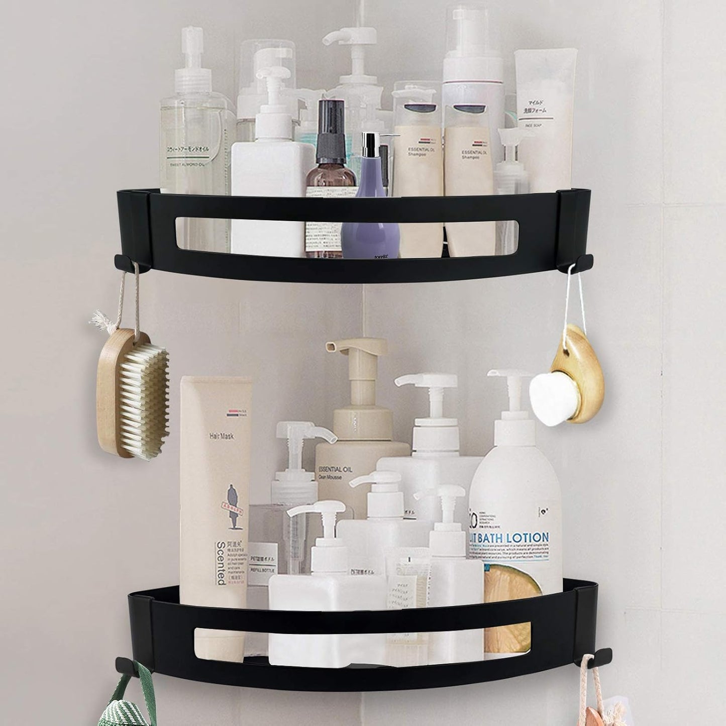 NearMoon Bathroom Shower Caddy 2 Pack, No Drill 304 Stainless Steel Shower Organizer with 2 Hooks (Corner Shelf, Matte Black)