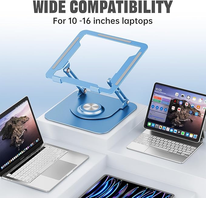 Laptop Stand for Desk, Adjustable Computer Stand with 360° Rotating Base, Ergonomic Laptop Riser for Collaborative Work, Foldable & Portable Laptop Stand, fits for All 10-16" Laptops (Blue)