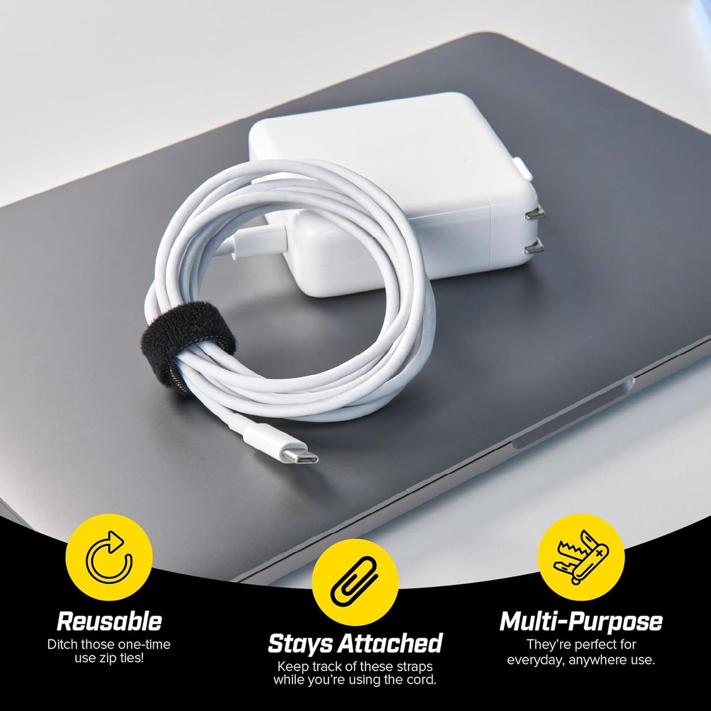 Self-Gripping Cable Ties by Wrap-It Storage, Black, 40 Pack (5 Inch and 8 Inch Straps) – Reusable Hook and Loop Cord Organizer Cable Ties for Cord Management and Desk or Office Organization