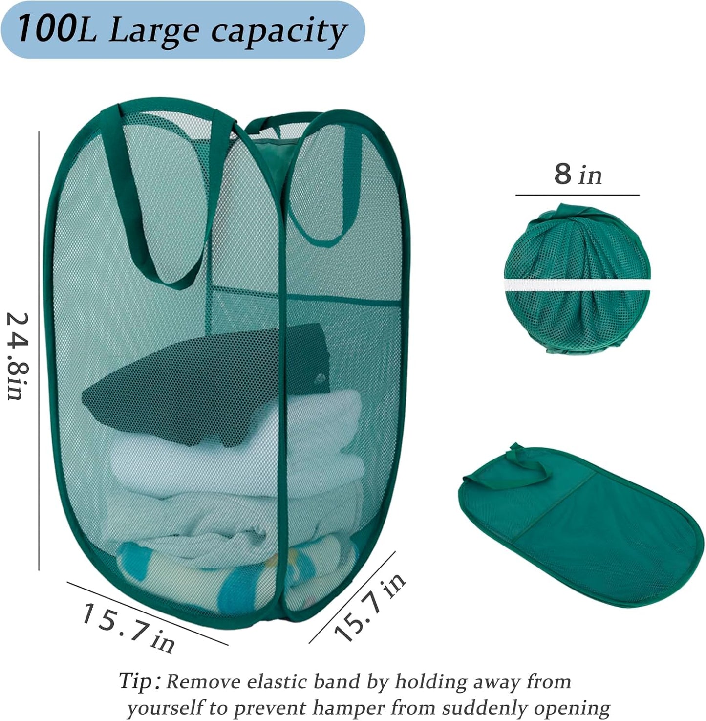 Upgraded 100L Extra Large Mesh Pop Up Laundry Basket With Handles, Light Breathable, Fold Compact, Large Hold Portable Foldable Dirty Clothes Basket For Bedroom, Laundry Room, Dorm, Hotel, Green.V