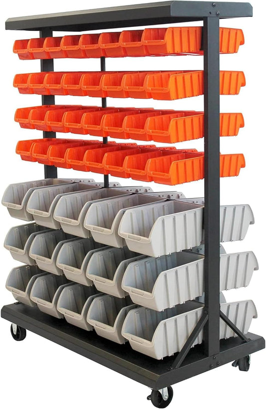 TRINITY 7-Tier Dual-Sided Rolling Bin Rack, 330 Pound Capacity, Includes 94 Organizer Bins, 19.75" x 35.5" x 48.5", Black