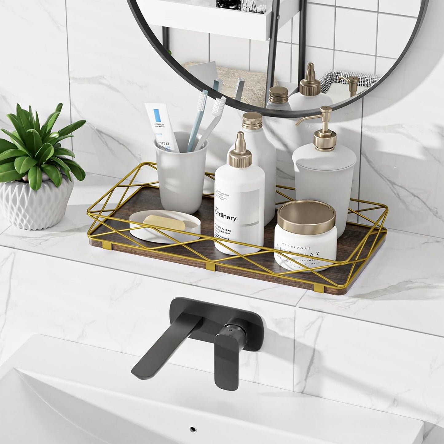 Toilet Paper Basket Holder, 13" Bathroom Tray Countertop, Wood and Metal Toilet Tank Tray Bathroom Vanity Organizer for Toiletry, Kitchen Sink Organizer for Soap Dispenser (Brown+Gold)