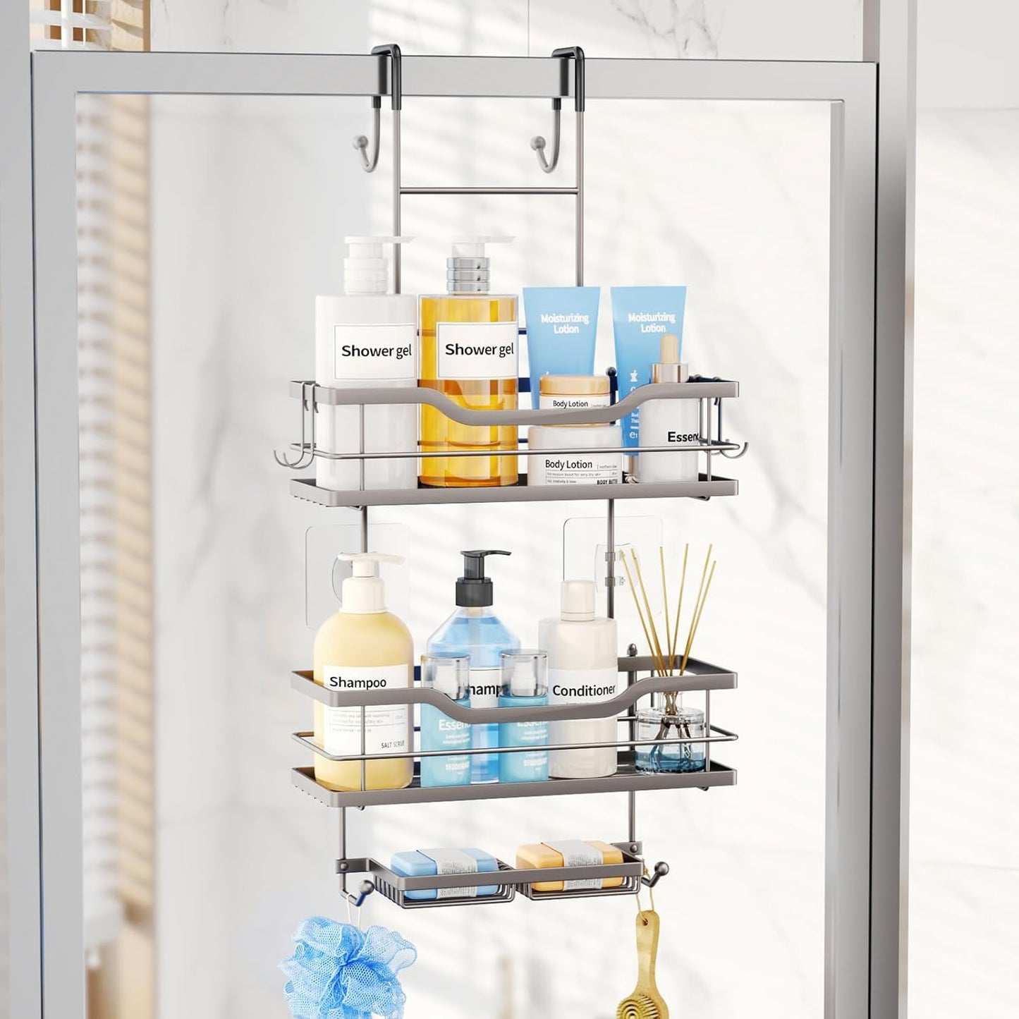 Consumest Over The Door Shower Caddy - 3 Tier Shower Organizer Hanging with Soap Holders, Large Capacity Shower Shelves with 6 Hooks, Bathroom Rack and Storage, Sand Nickel