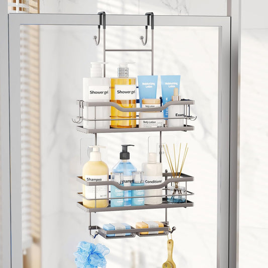Consumest Over The Door Shower Caddy - 3 Tier Shower Organizer Hanging with Soap Holders, Large Capacity Shower Shelves with 6 Hooks, Bathroom Rack and Storage, Sand Nickel